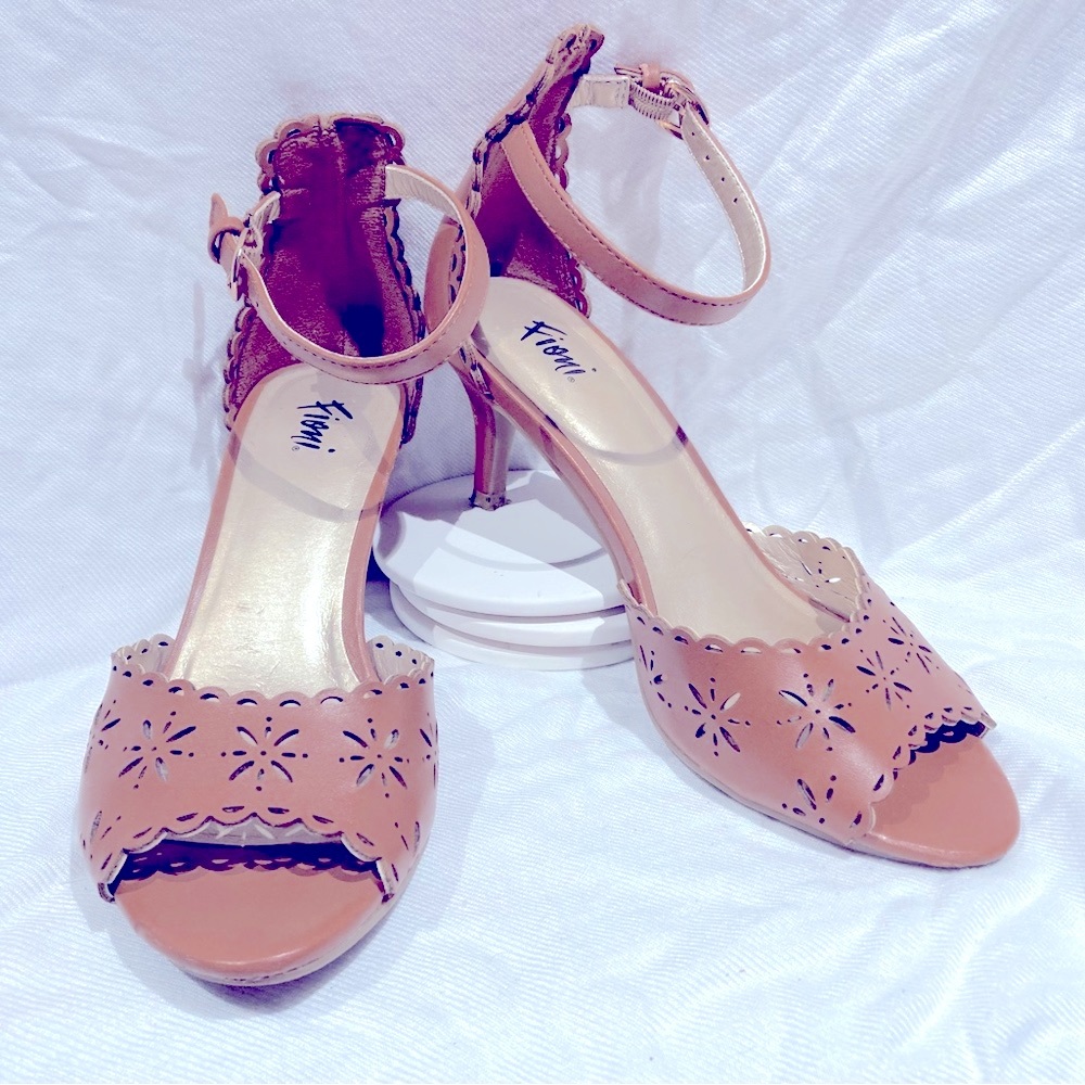 *3 for $20* Peep-toe ankle strap heeled sandals, Fioni sz 5, cut-out design.